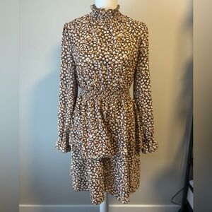 Cupshe Floral Long Sleeve Dress - Brown and Cream-Neck Button minor flaw